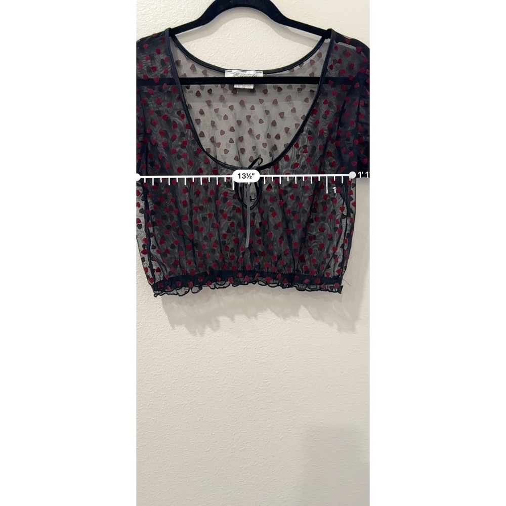 Escante Women Medium Black Red Flocked Heart Sheer Mesh Crop Top Puff Sleeve